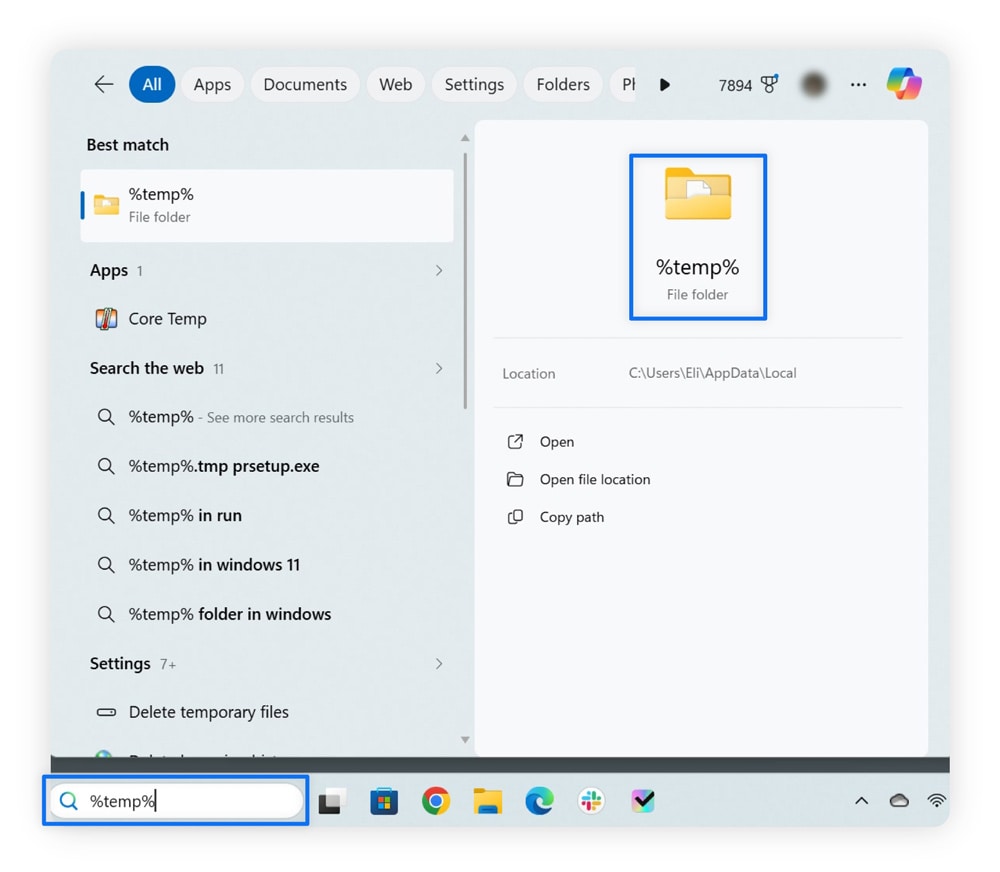 A screenshot showing how to clear temporary files on Windows.