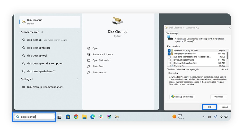 A screenshot showing how to use Disk Cleanup on Windows.