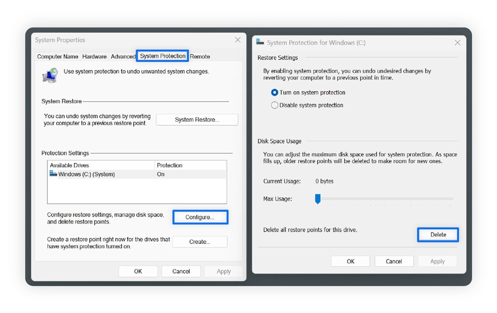 A screenshot showing how to delete restore points on Windows.