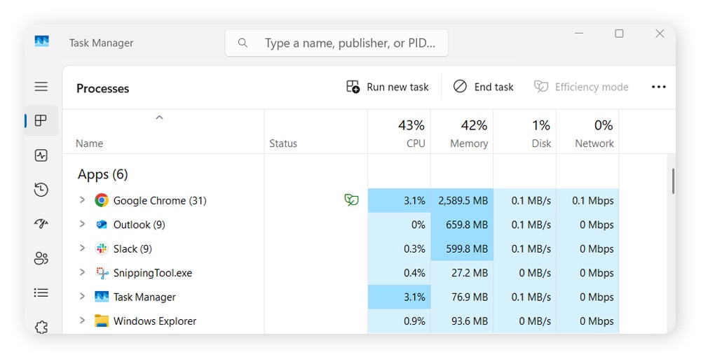 A screenshot showing programs in task manager.
