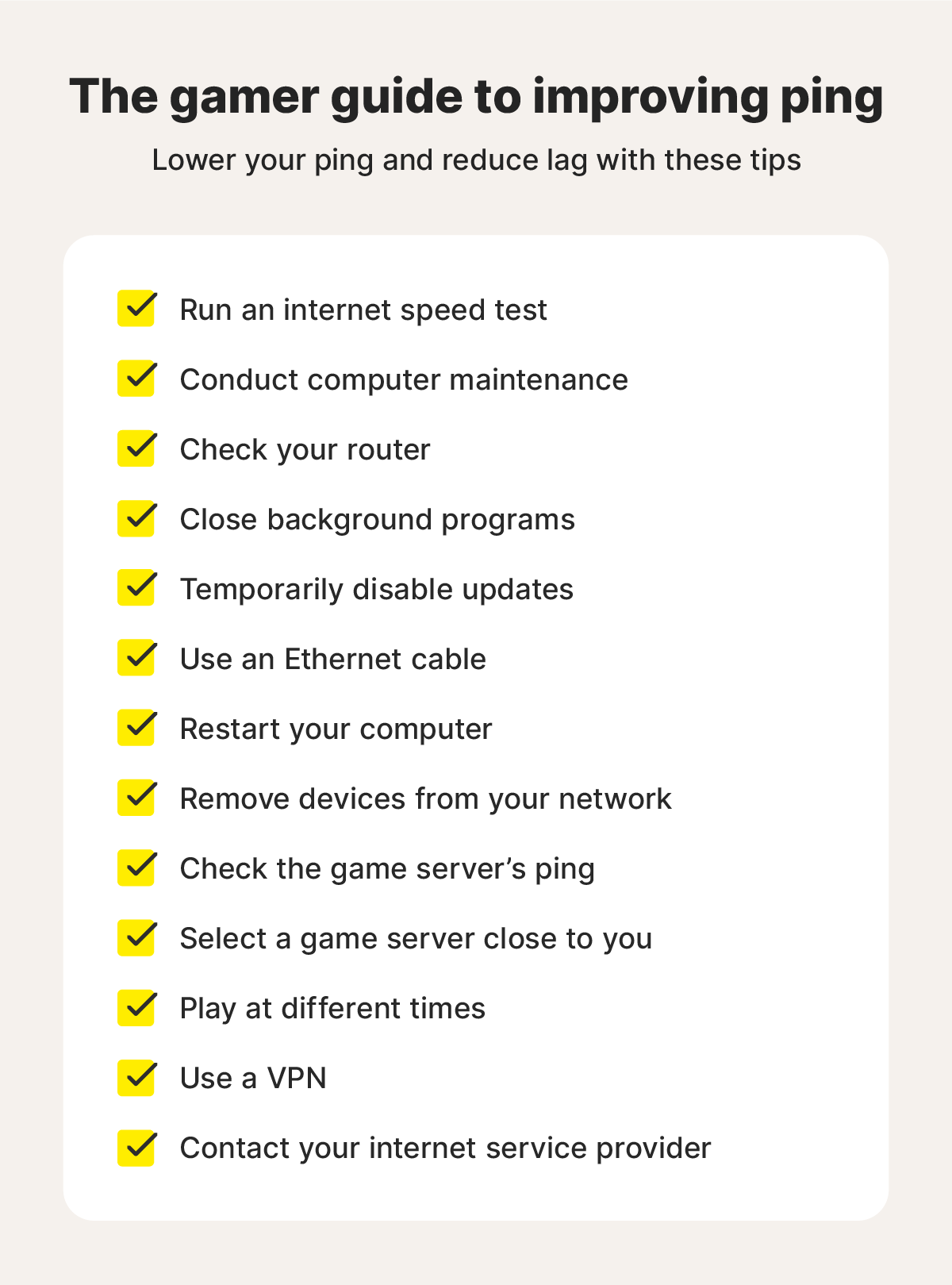 A checklist containing 14 steps to follow to improve ping.