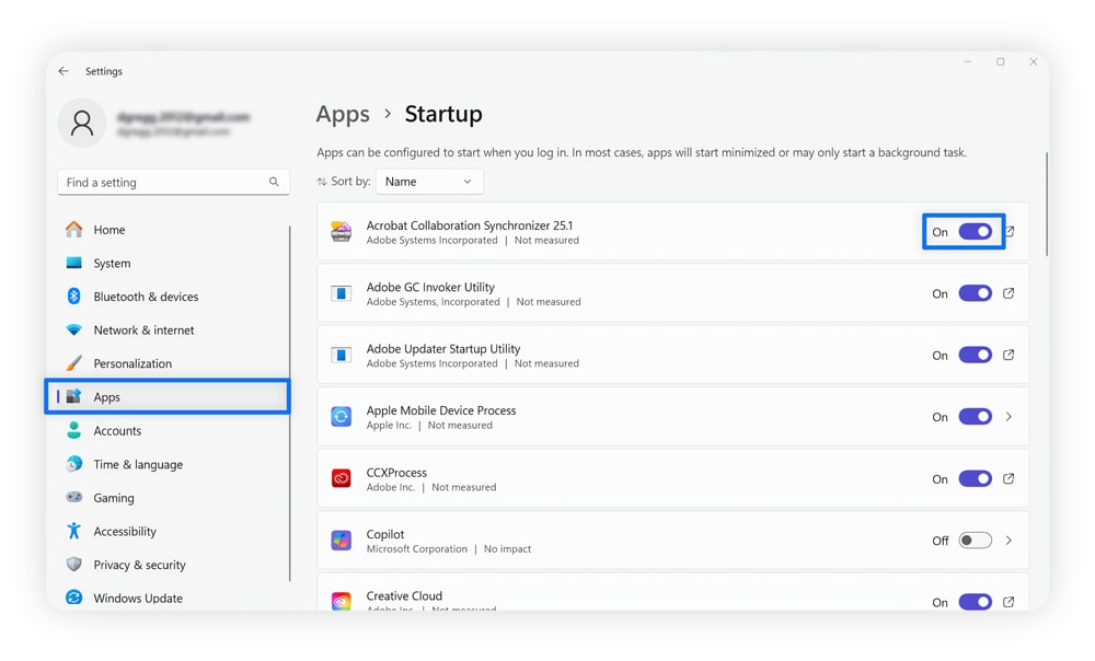 A screenshot of Apps Startup settings on Windows showing how to disable startup programs.