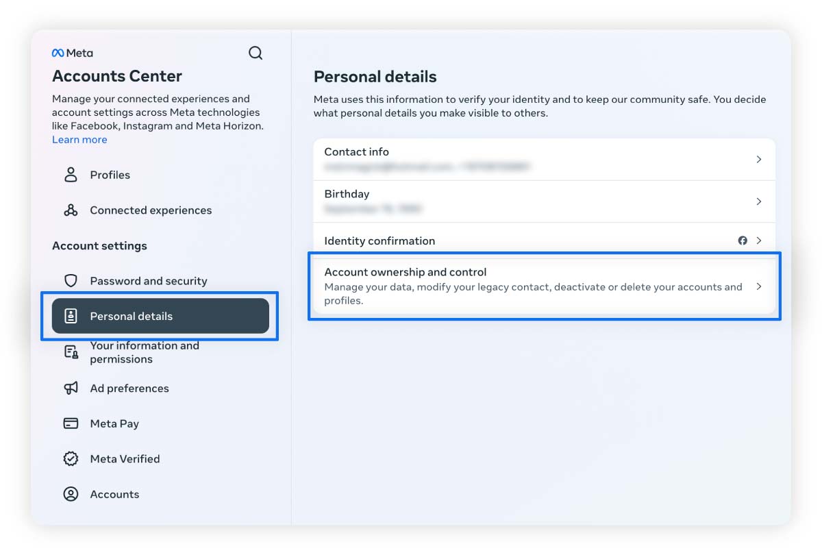 A screenshot of the Accounts Center where you can access Account ownership and control to permanently delete your Instagram account.