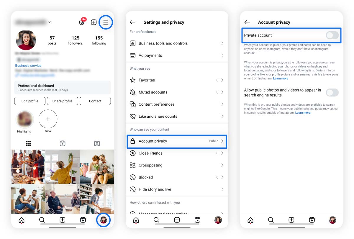 Three different screenshots showing readers how to make their Instagram account private.