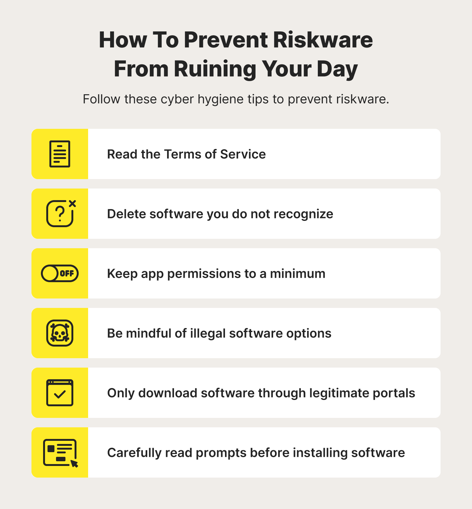 A graphic shares six tips to prevent riskware from ruining your day.