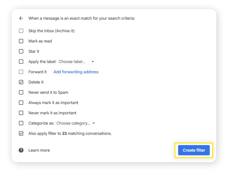 A screenshot showing how to automatically delete emails with a filter in Gmail.