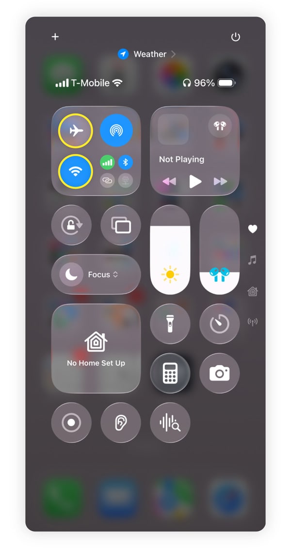 A screenshot showing the buttons to tap on iPhone to enable Airplane Mode and turn off Wi-Fi.