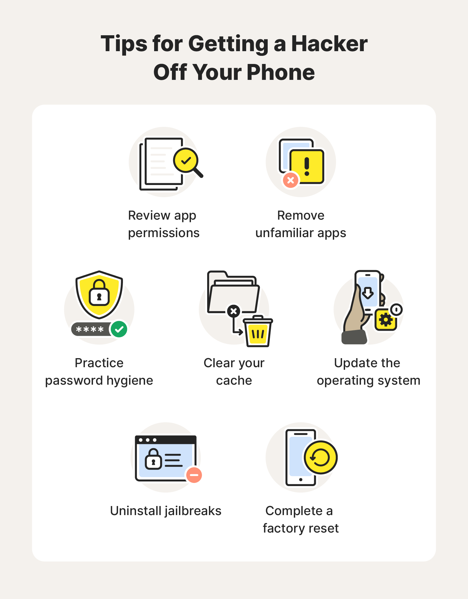 A graphic lists seven tips for getting a hacker off your phone that you would discover when researching “how to remove a hacker from my phone.”
