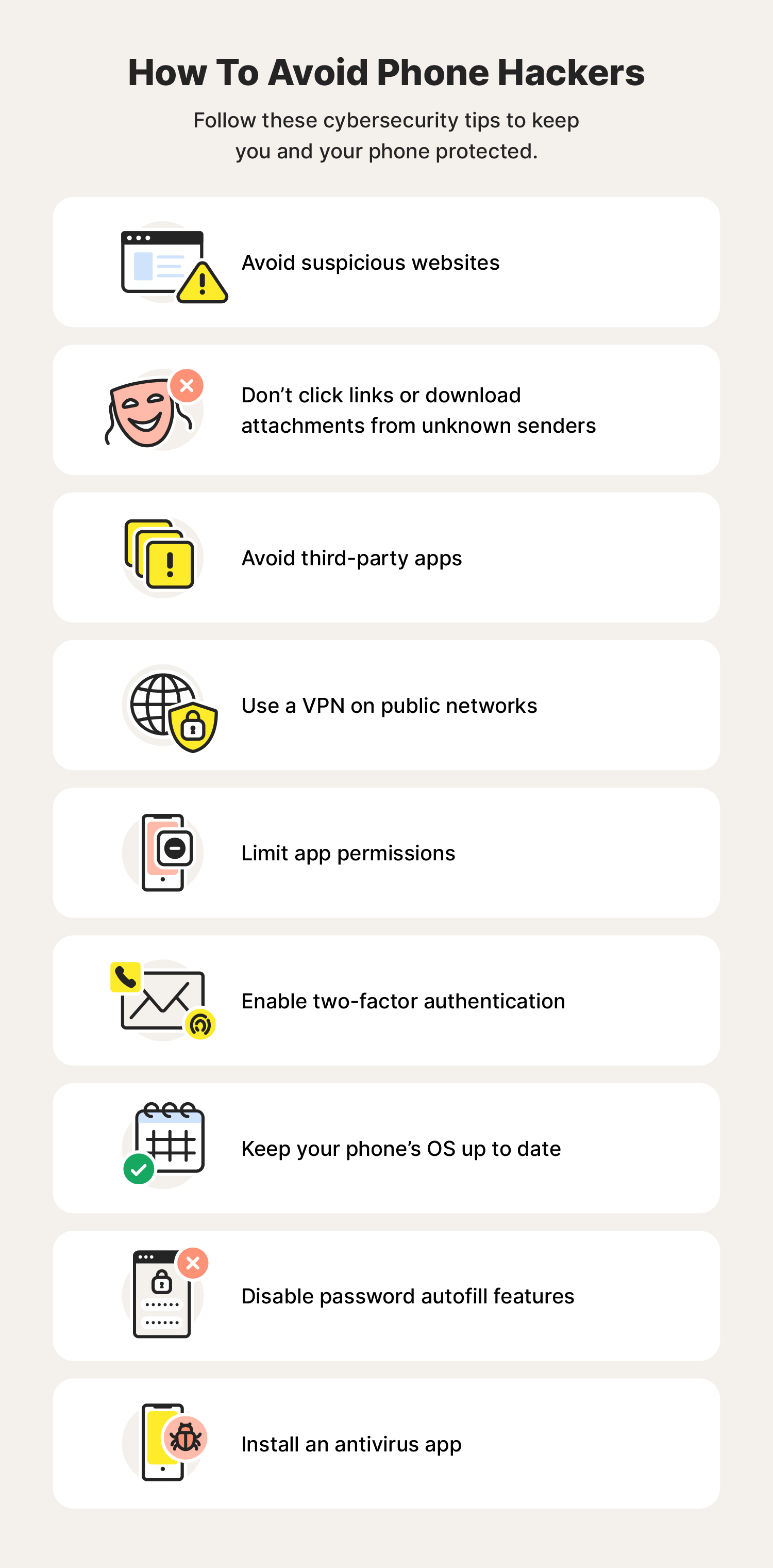 Nine illustrations accompany phone hacking protection tips you'd learn after searching "how to remove a hacker from my phone."