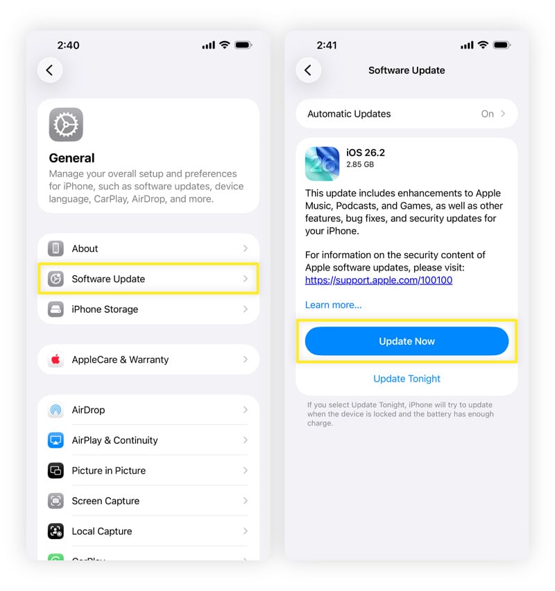 A screenshot shows how to update your iOS.
