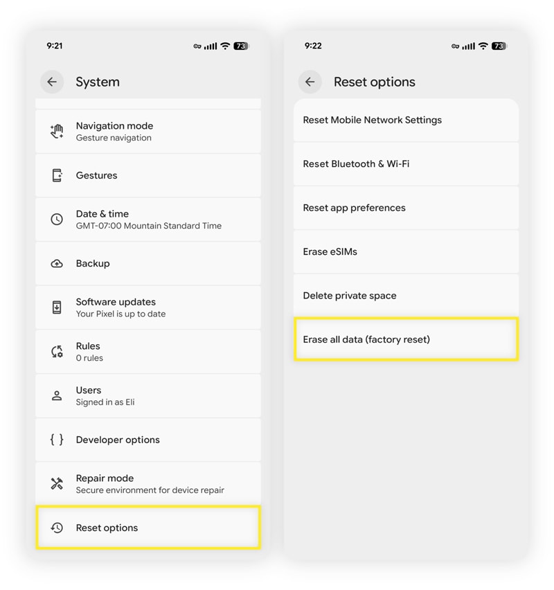 A screenshot shows how to factory reset your Android phone.