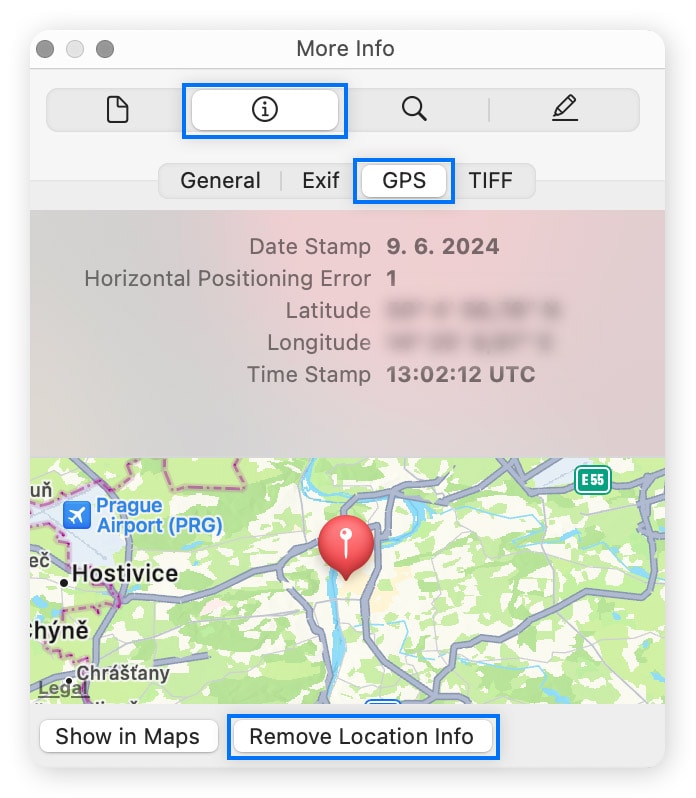 Removing Location Info from an image in the preview app on Mac.