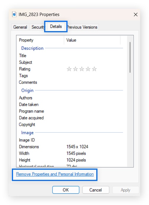 Clicking the "Remove Properties and Personal Information" option in the Details tab of the Properties window of a photo to remove metadata.