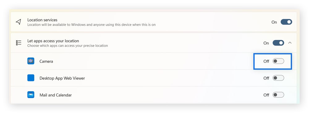 Toggling off camera to stop location services for this app on PC.