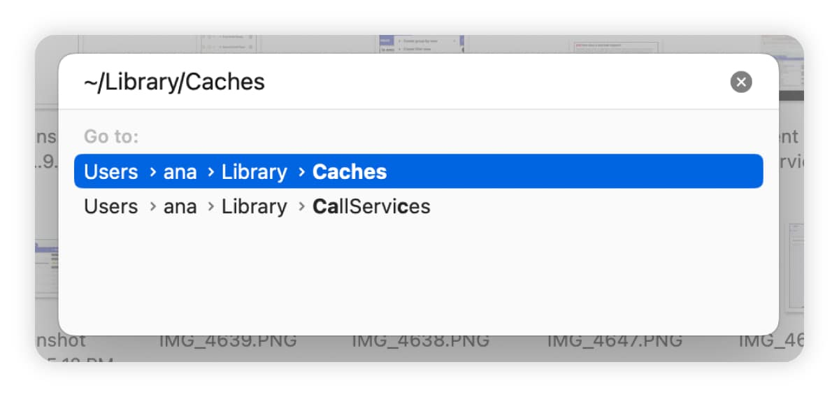 A screenshot showing how to access temporary files on a Mac.