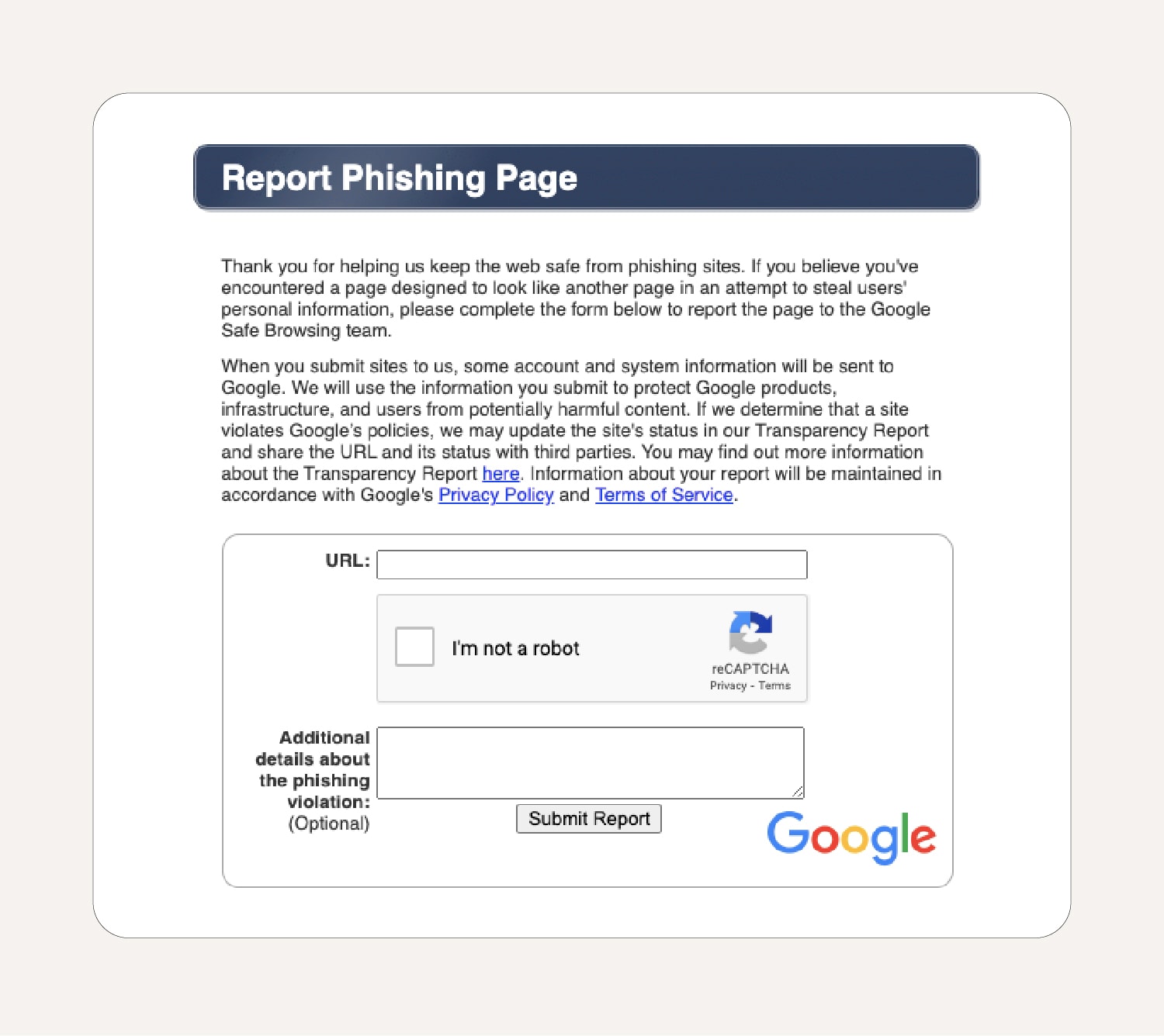 The submission form to report phishing websites to Google.