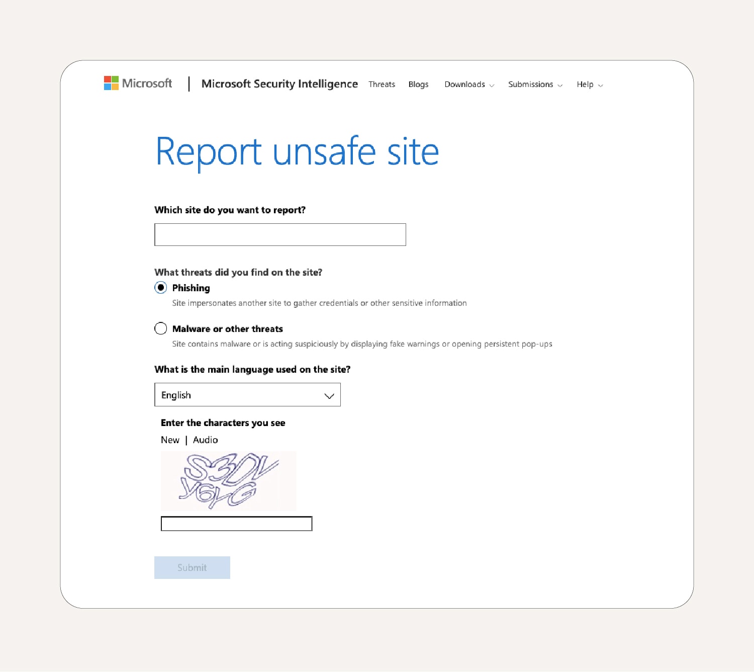 The Microsoft form to report unsafe websites.