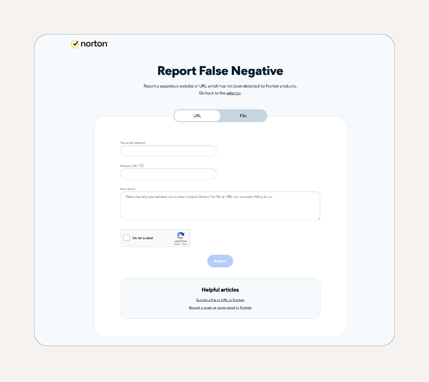 Norton’s Report False Negative form for reporting suspicious websites.
