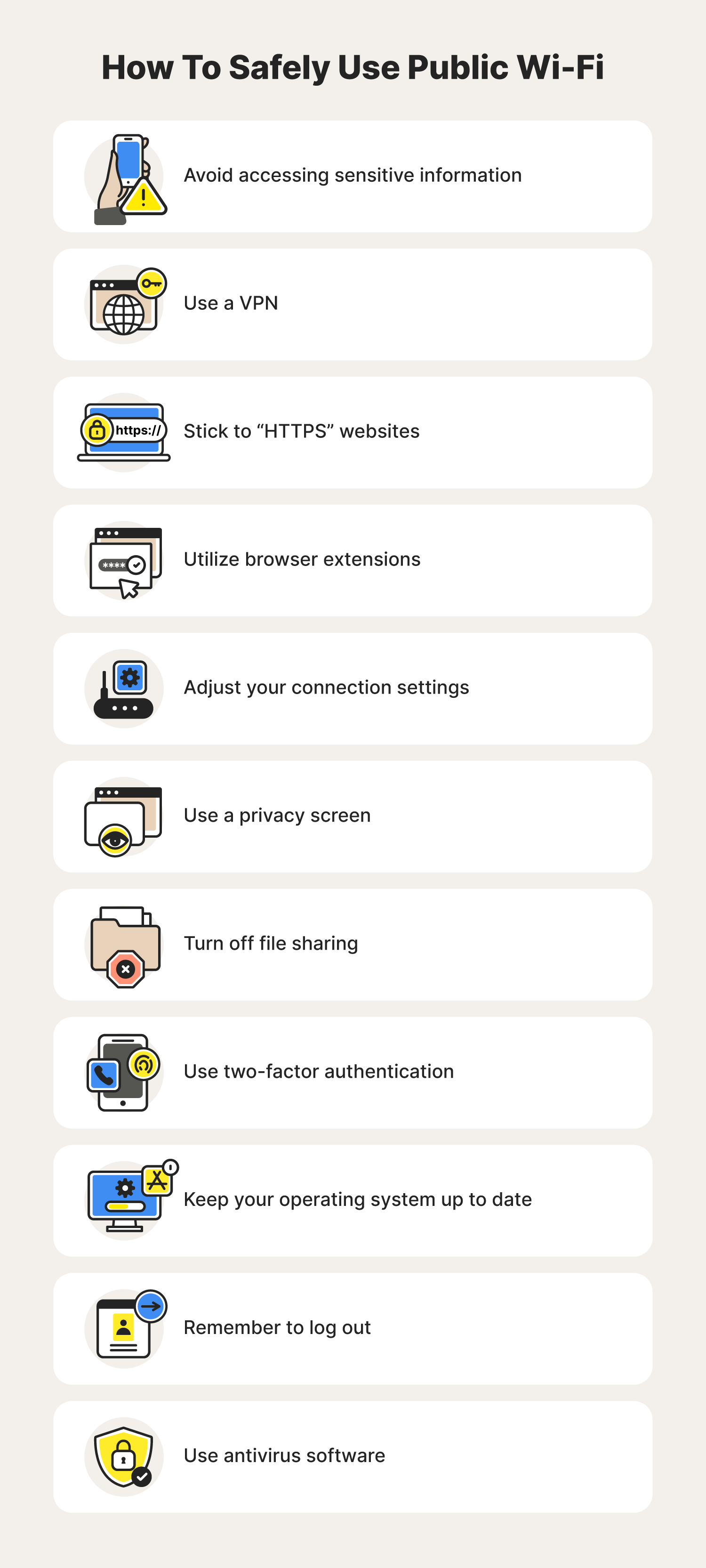 A graphic lists 11 cybersecurity tips to help you stay safe on public Wi-Fi.