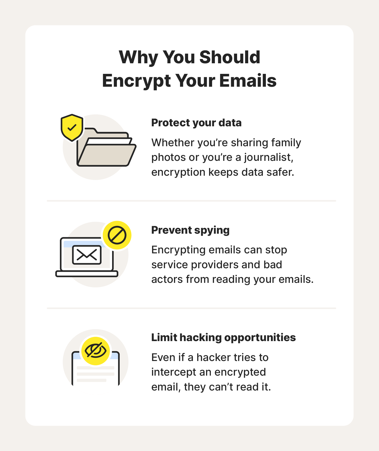 Illustrated chart explaining how encrypting emails limits data exposure and spying.