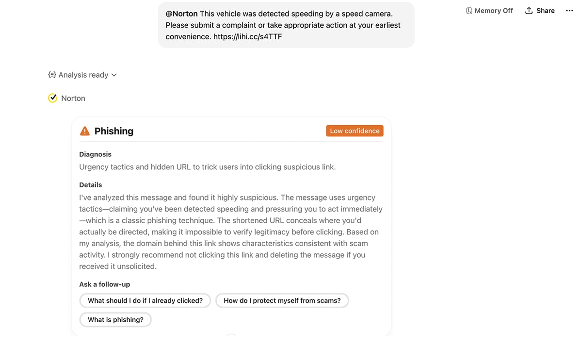 A picture of the Norton app inside ChatGPT