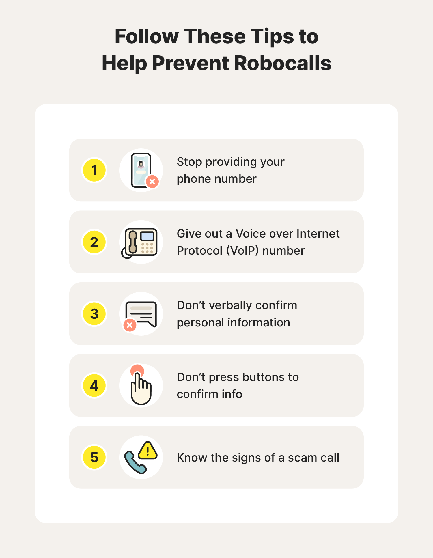 A graphic shares five tips to help prevent robocalls.