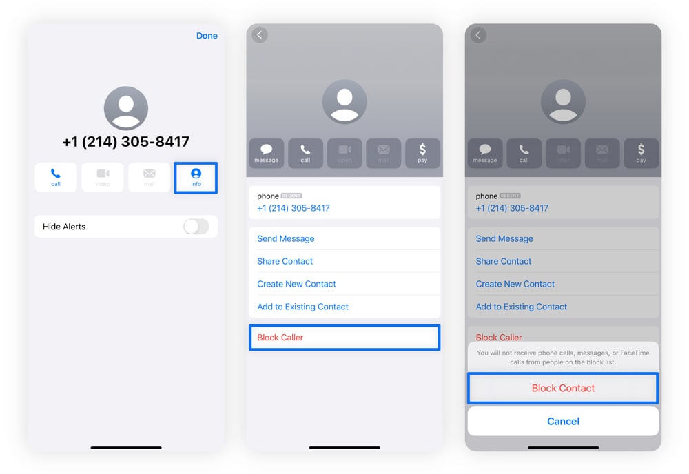 Screenshots of how to block spam texts on an iPhone.
