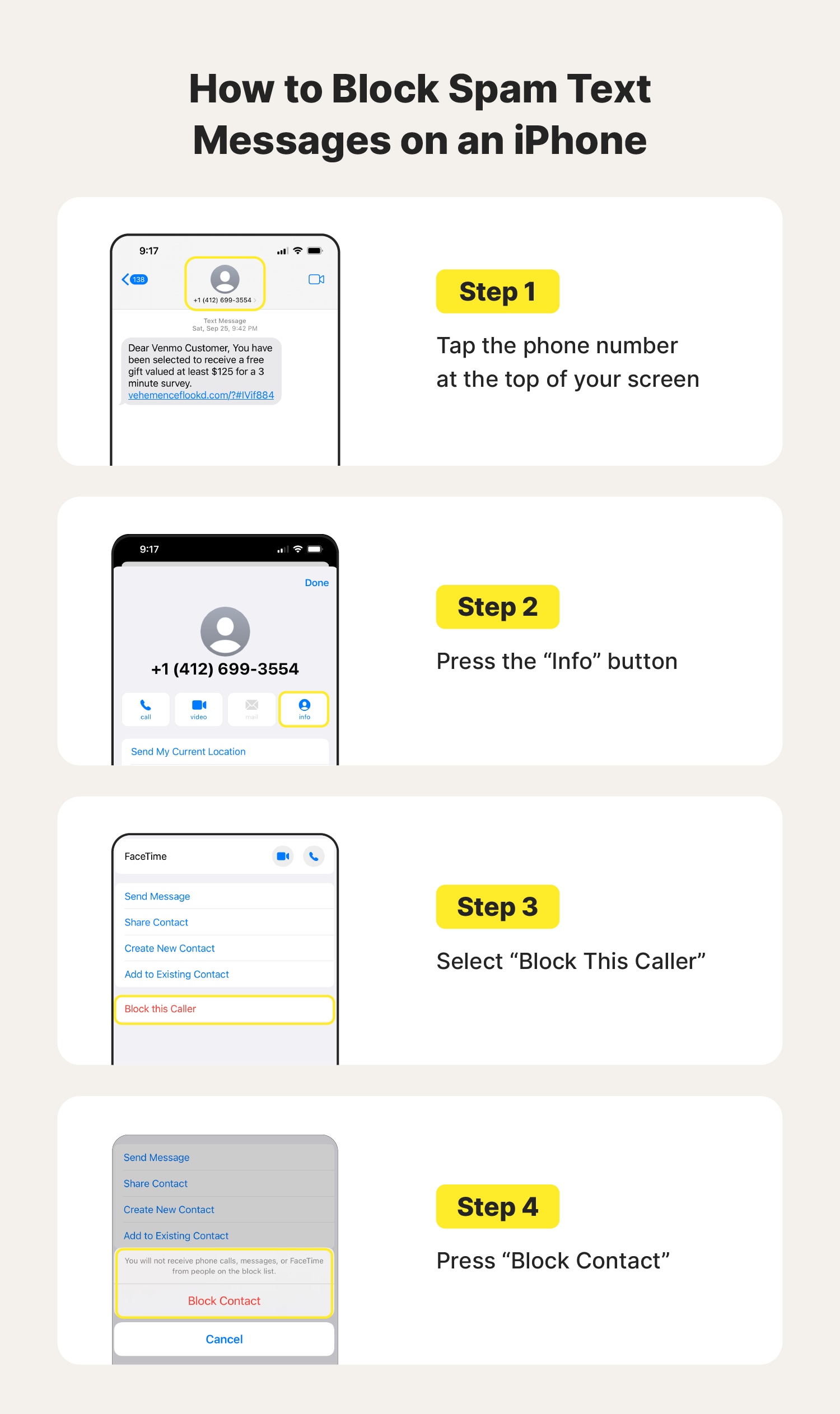 Step-by-step visual instructions on how to block spam texts on an iPhone.