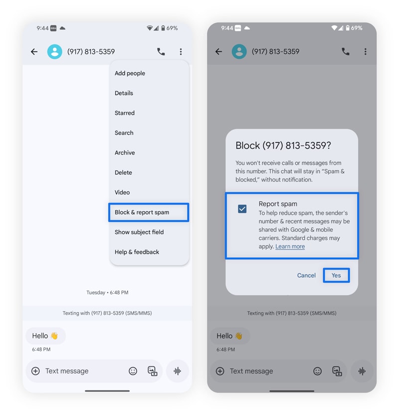 Screenshots of how to block spam texts on Android.