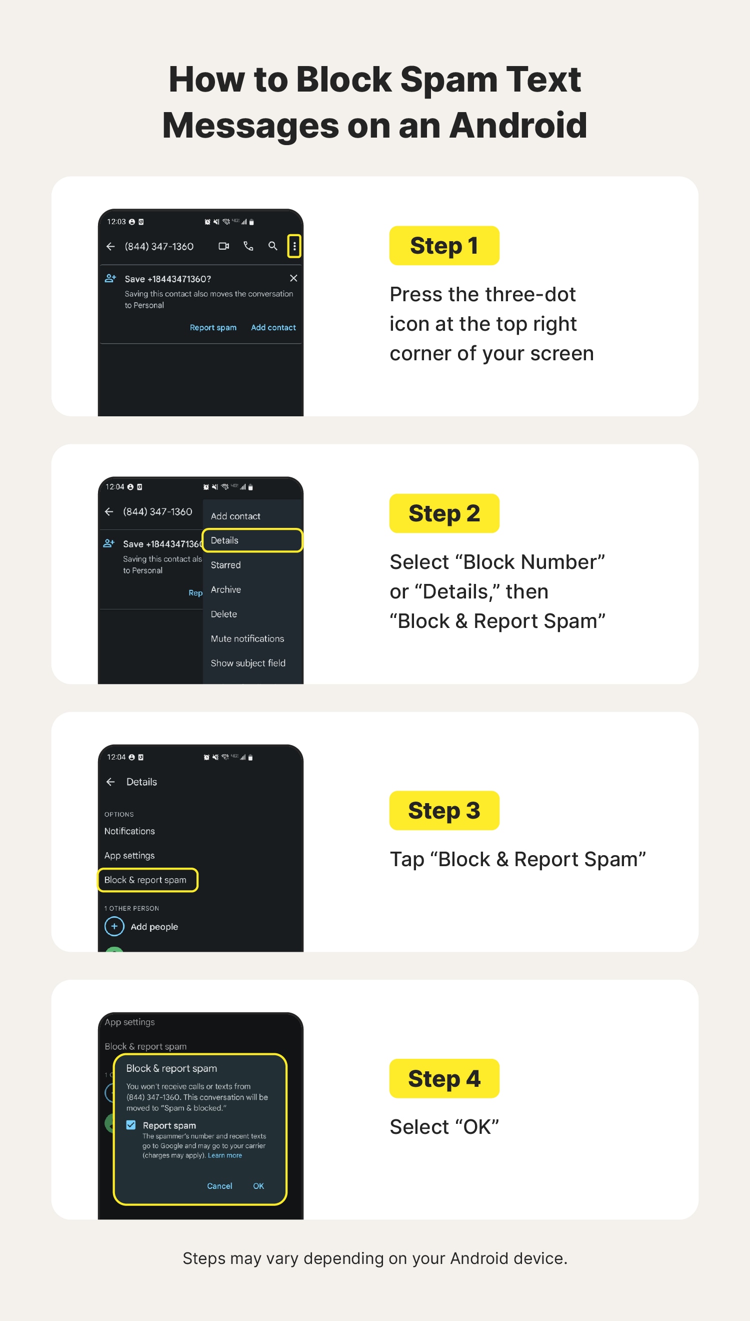 Step-by-step visual instructions on how to block spam texts on an Android.