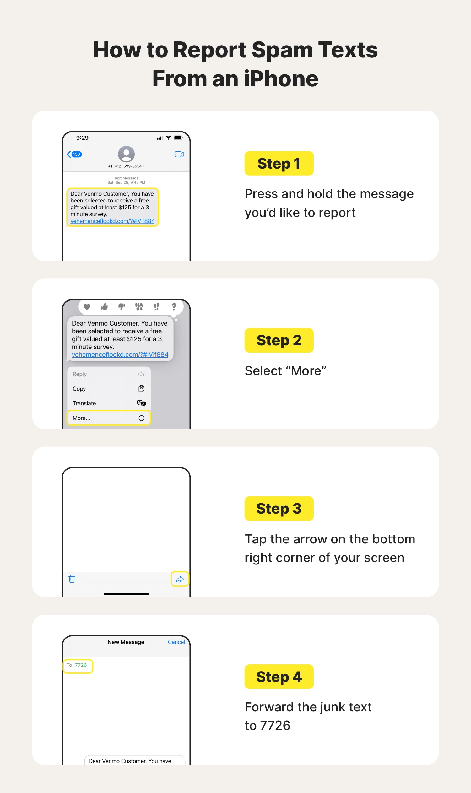 Step-by-step visual instructions on how to report spam texts on an iPhone.