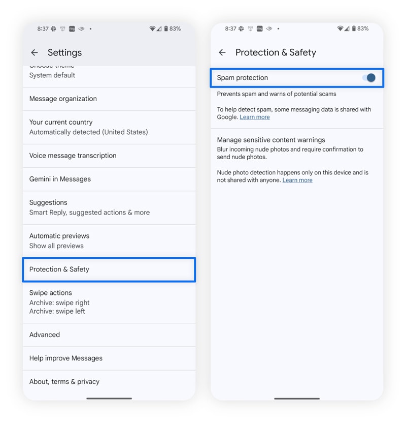 Screenshots showing how to filter spam on Android.