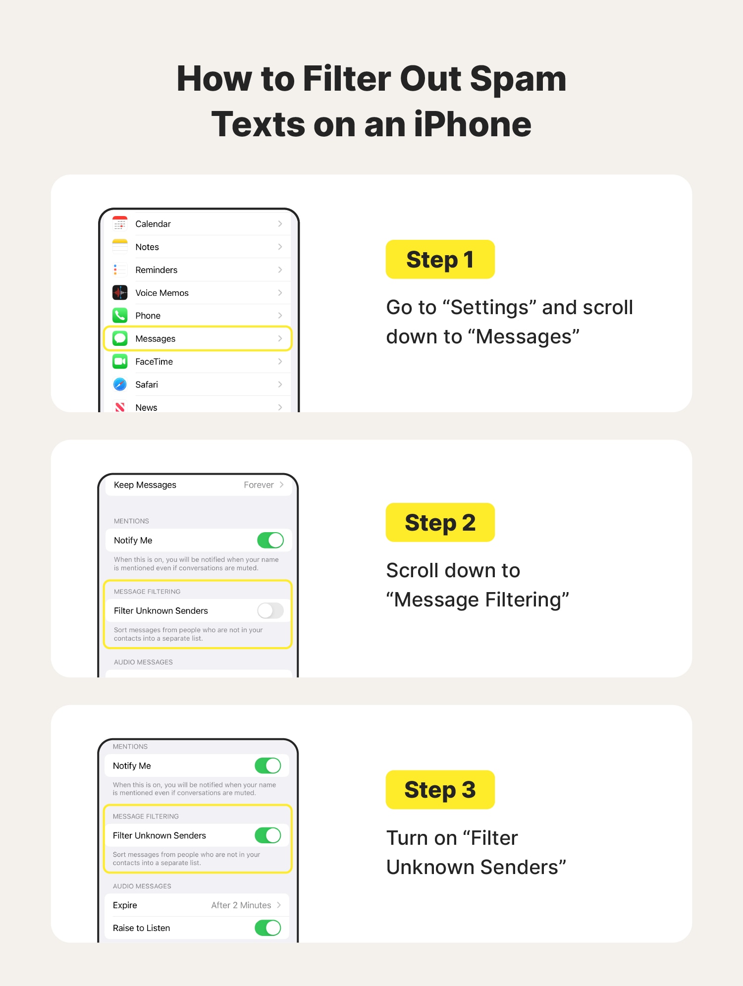 Step-by-step visual instructions on how to filter spam texts on an iPhone.