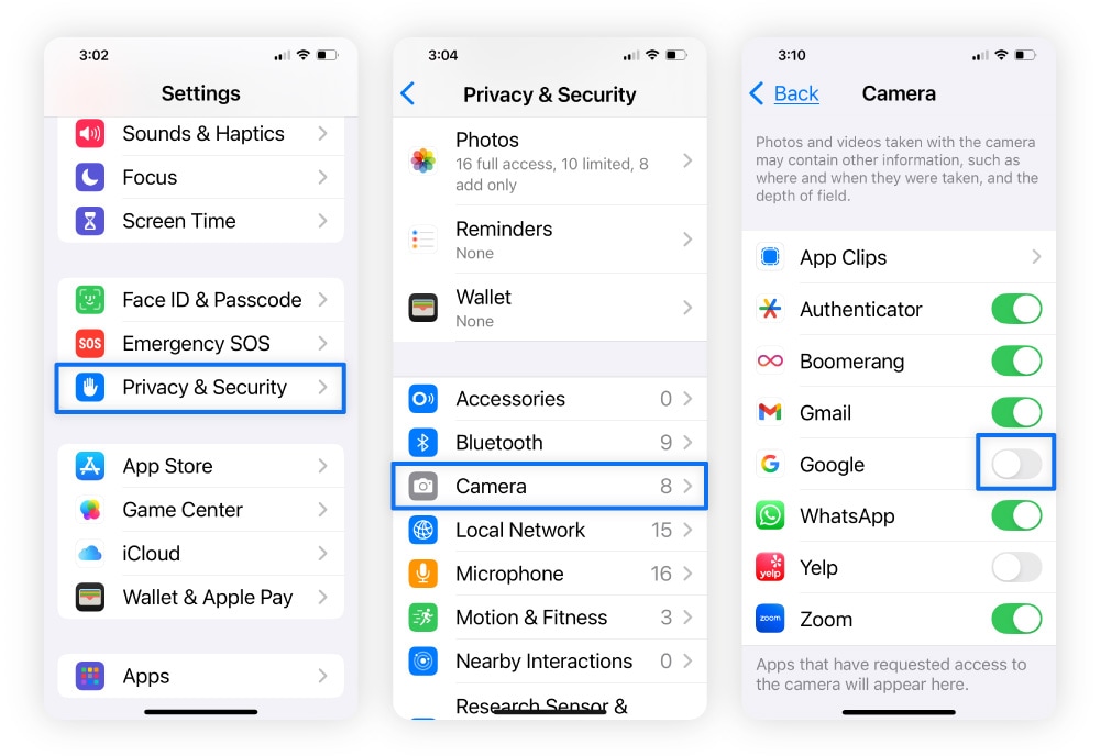 Screenshots showing how to check app permissions on iOS devices.