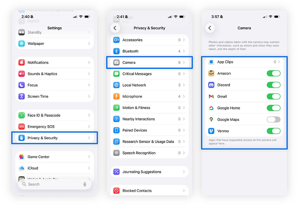 Screenshots showing how to navigate to your iPhone’s camera permission settings.