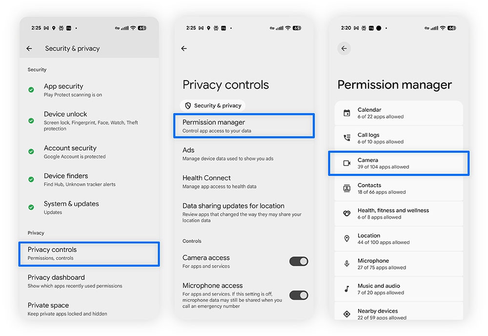 Screenshots showing how to navigate to your Android’s camera permission settings.