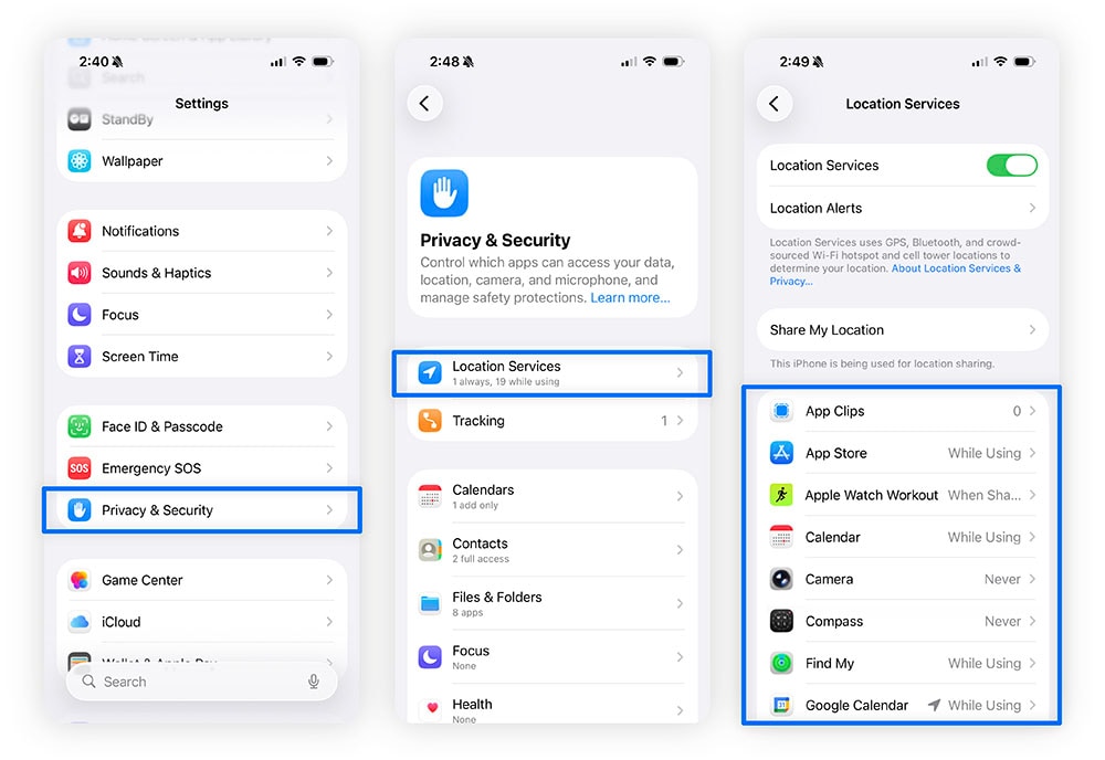 Three screenshots showing how to navigate to your iPhone’s camera permission settings.
