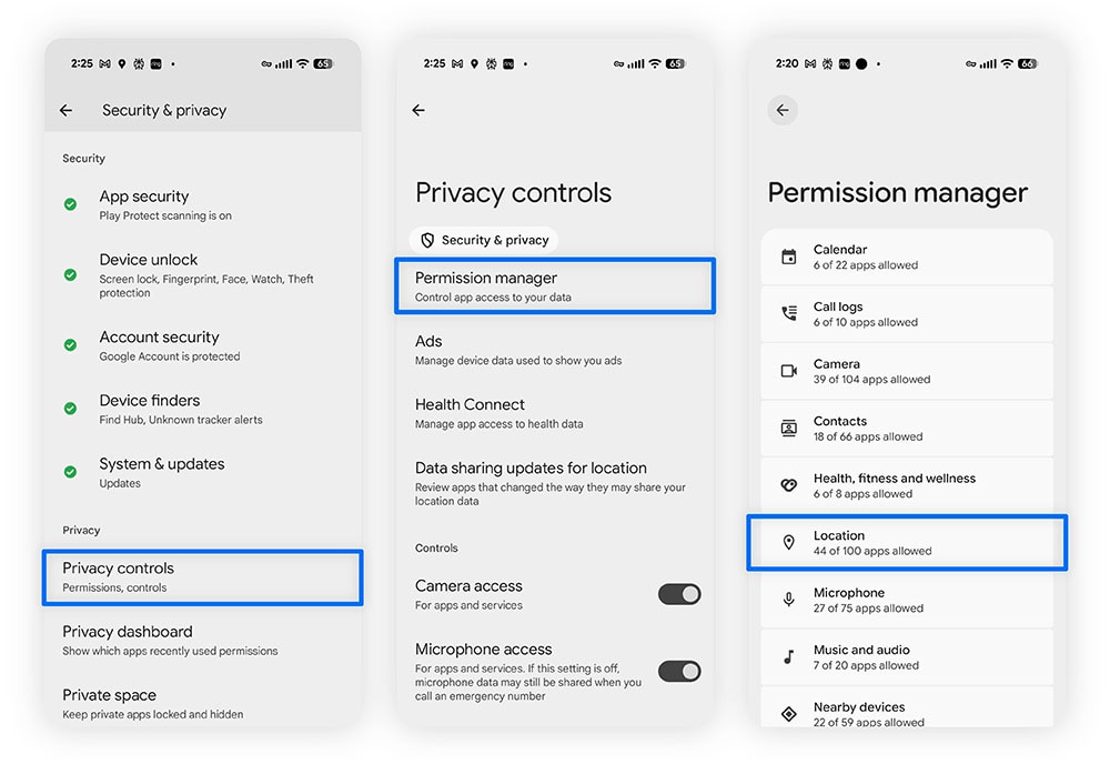 Three screenshots showing how to navigate to your Android’s location permission settings.
