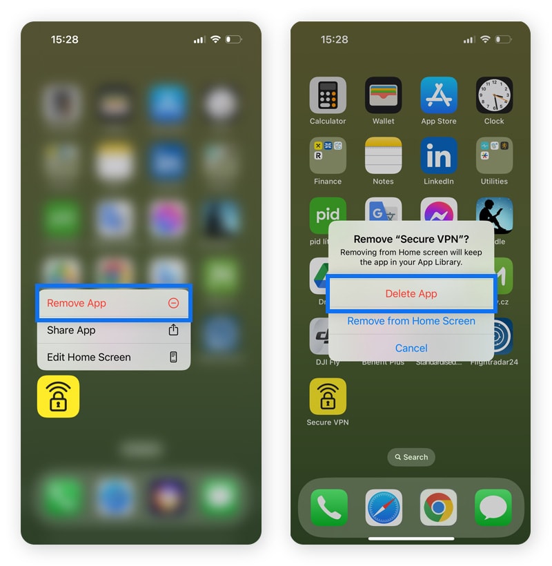 Deleting a VPN app from an iPhone.