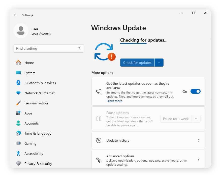 Checking for updates on Windows 11.