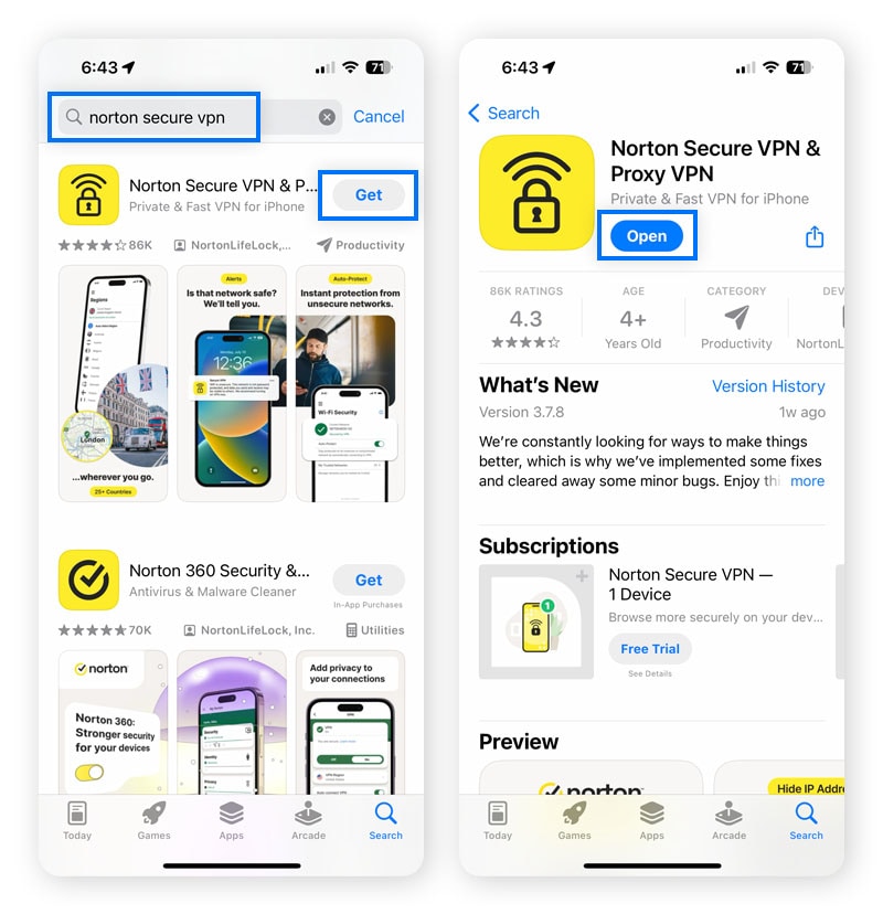 Screenshots showing how to set up the Norton VPN app on an iPhone.