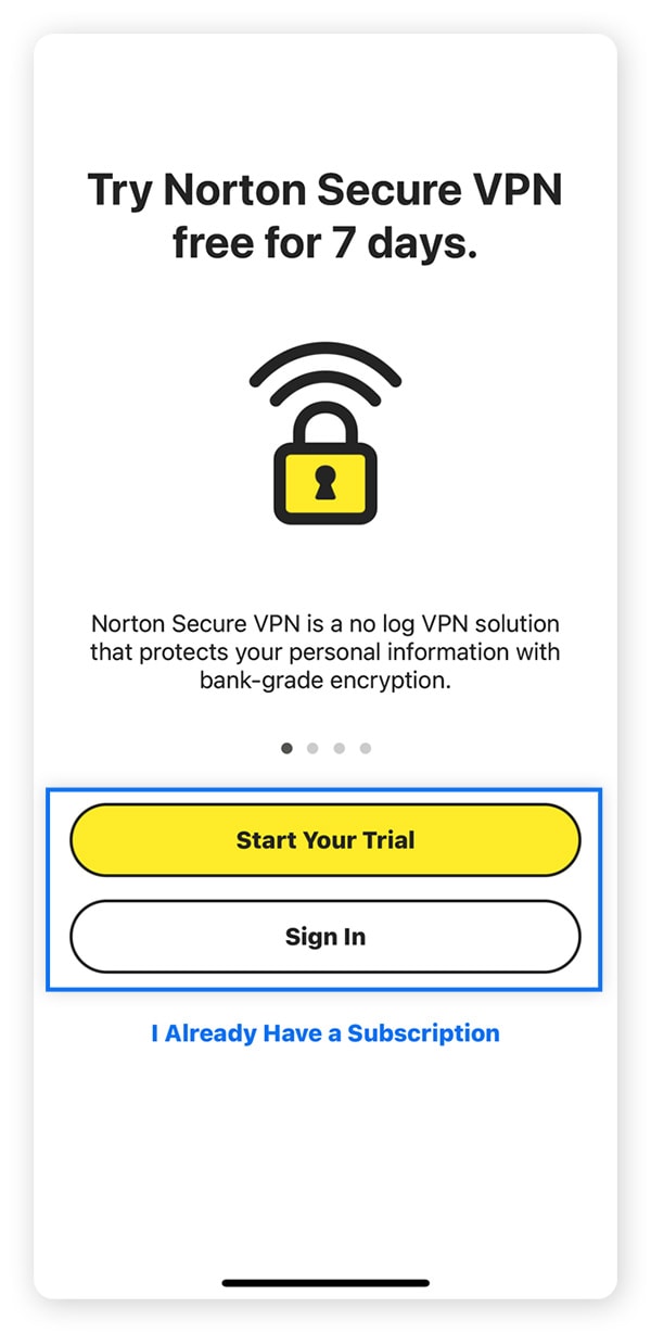 Screenshots showing how to set up the Norton VPN app on an iPhone.