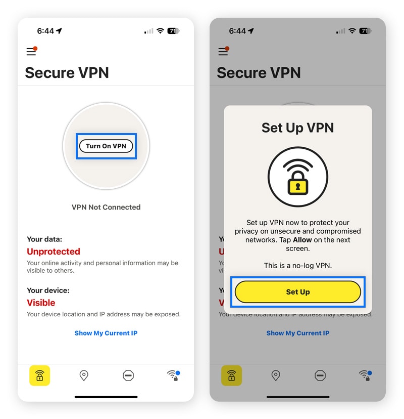 Screenshots showing how to set up the Norton VPN app on an iPhone.