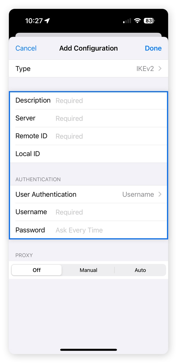 Screenshots showing how to configure VPN settings on an iPhone.