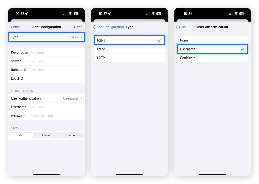 Screenshots showing how to configure VPN settings on an iPhone.