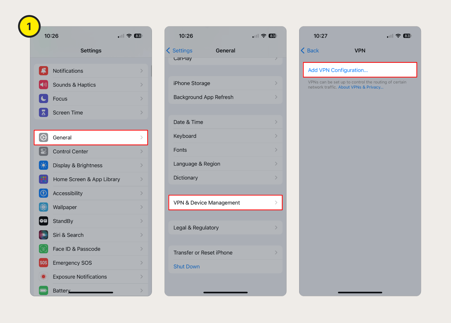 Screenshots showing how to configure VPN settings on an iPhone.