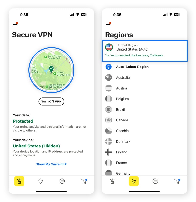 Screenshots showing how to use a VPN to change your location on iPhone.