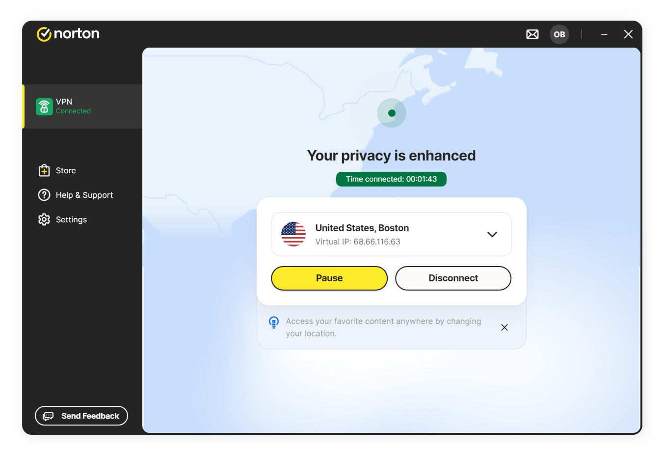 A screenshot of Norton VPN in action.