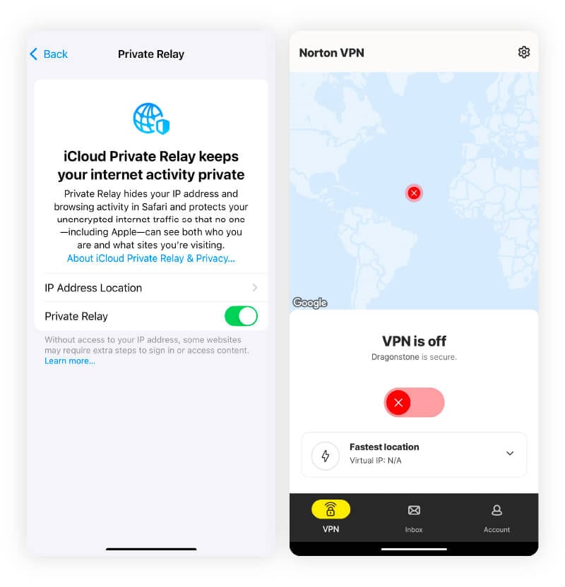 Screenshots of the iCloud Private Relay and Norton VPN interfaces.