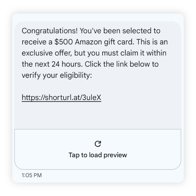 A fake text offering a $500 Amazon gift card.